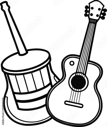 Black and white illustration of a drum and guitar musical instruments