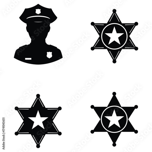 Silhouette of police officer head and three sheriff star badges isolated