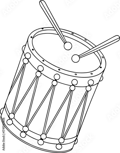 Black and white illustration of a drum with drumsticks