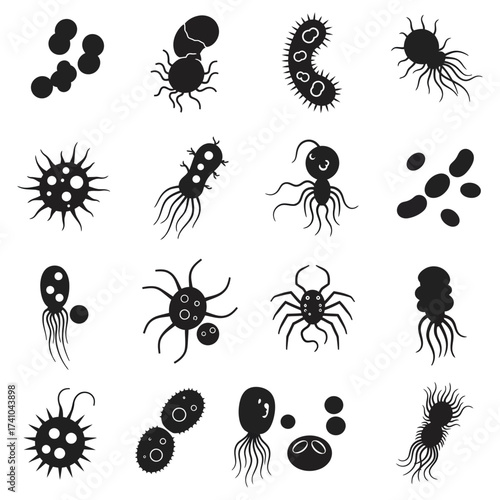 Diverse collection of microscopic bacteria and single celled organisms visualized