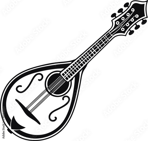 Black and white illustration of a mandolin musical instrument