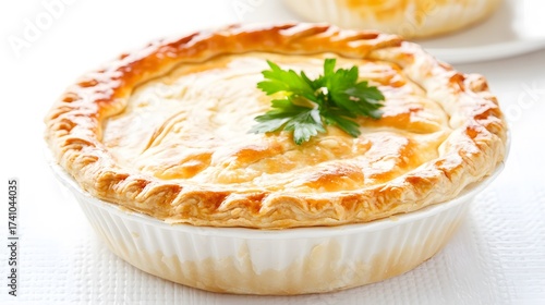 Delicious golden rustic chicken pot pie with flaky crust and parsley garnish close up