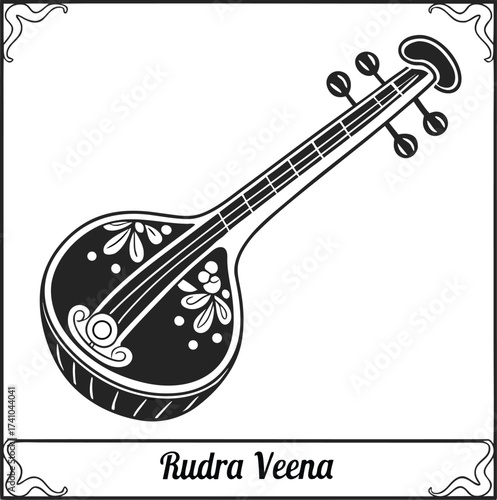 Black and white illustration of a Rudra Veena Indian musical instrument