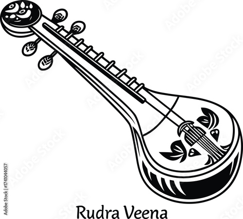 Black illustration of a Rudra Veena instrument 