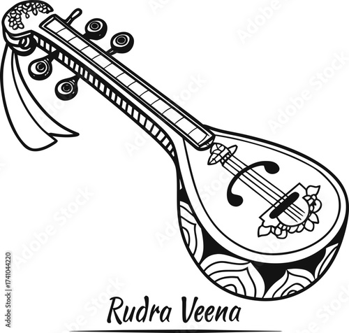 Black and White Illustration of a Rudra Veena Instrument