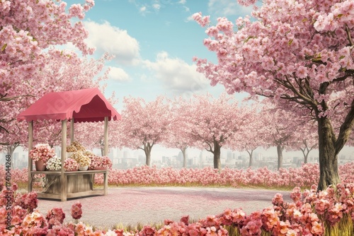 Blossoming cherry trees surrounding a flower stall in a vibrant park during springtime