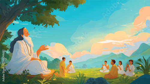A serene scene depicting a spiritual leader speaking to two disciples at sunset, with warm colors and a peaceful atmosphere