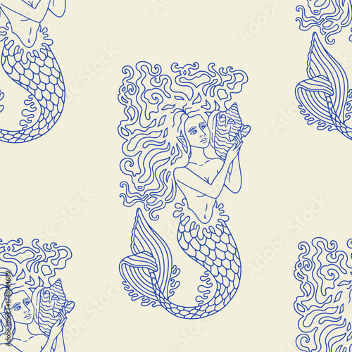 Beautiful long hair mermaid holding conch shell seamless pattern on black background vector illustration