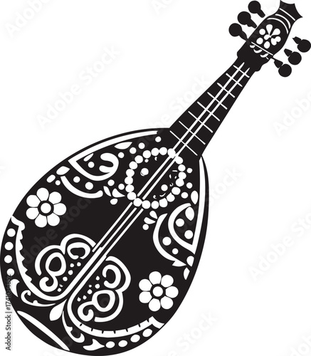 Black and white ornate lute or mandolin silhouette