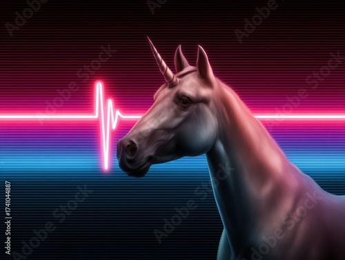 stylized unicorn head against a vibrant background with a heartbeat line, blending fantasy with modern digital art aesthetics.