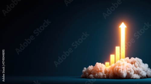  glowing upward graph emerges from a cloud, symbolizing growth, progress, and achievement against a dark backdrop.
