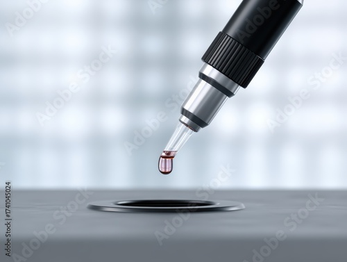  close-up image of a dropper releasing a droplet, poised above a circular opening on a smooth surface, set against a blurred background.