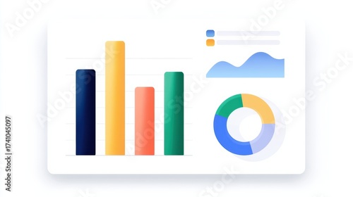  colorful data visualization featuring bar graphs and pie charts, illustrating statistical information and trends.