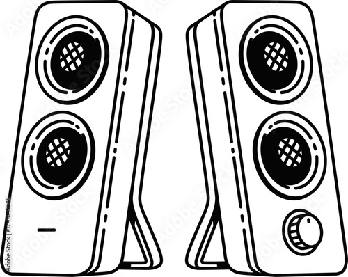 Vector of cabinet speakers. stereo speaker cabinet icon with four circular drivers for high-performance sound systems. Two modern black speakers offering powerful audio. 