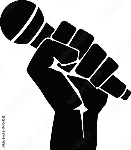 Silhouette Vector of hand holding a microphone. Solid black microphone in a hand. hand holding karaoke microphone icon. Hand holding a microphone or mic in a vintage intaglio woodcut 