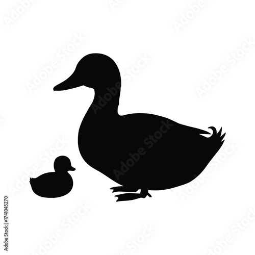 A mother duck and her small duckling a simple black silhouette