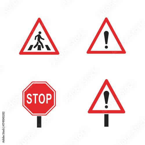 Road signs depicting pedestrian crossing general warning and stop indications