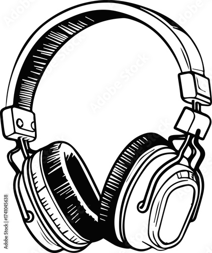 Headset on a white. Headset Flat Icon. Sketch of black headset. Headphones, Headset  Music Icon Audio Equipment Vector Illustration
