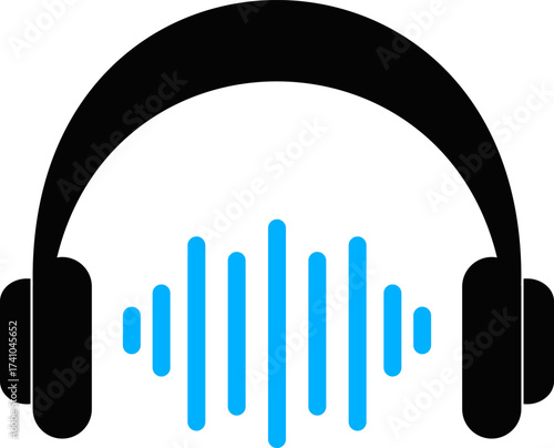 Headphones with a sound wave. Stylish black headphones with audio wave graphic. Black headphones with sound wave in the middle representing audio listening experience for music lovers. 