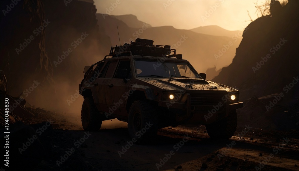 Fototapeta premium Post apocalyptic armored offroad rusty car with roof rack and stuff
