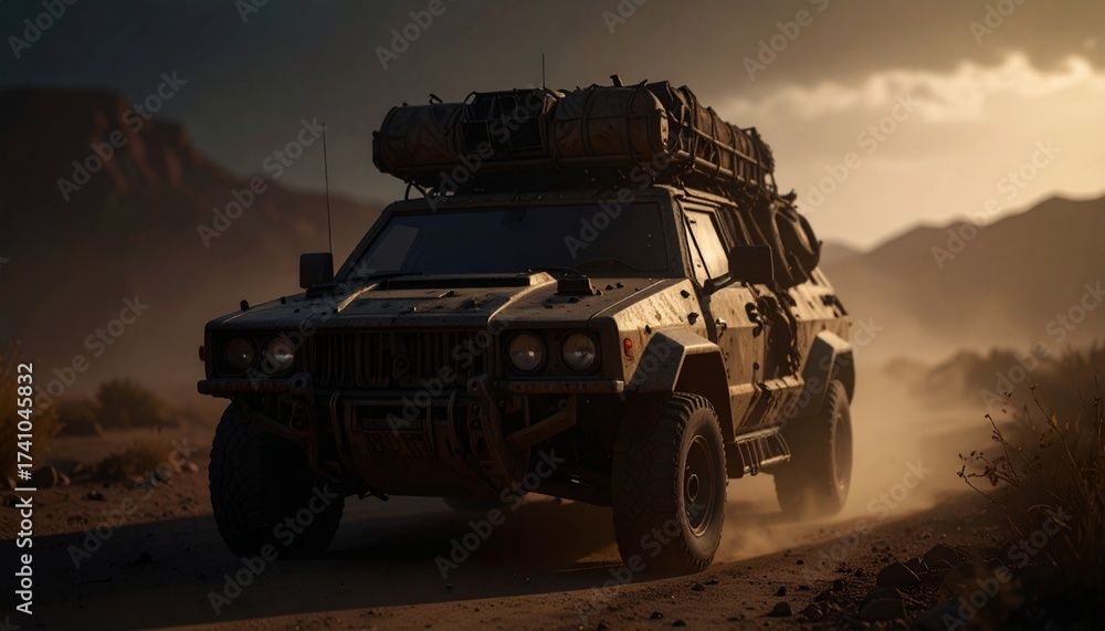 Fototapeta premium Post apocalyptic armored offroad rusty car with roof rack and stuff
