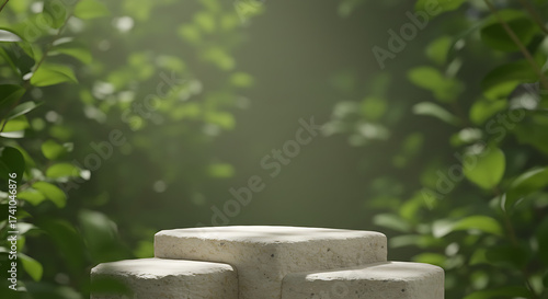 Sunlit Stone Platform Display in Lush Green Forest
