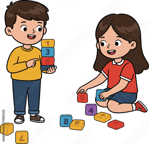 Children playing with colorful numbered blocks, early learning activity, counting fun, educational playtime, number recognition, indoor creativity, preschool development, stacking