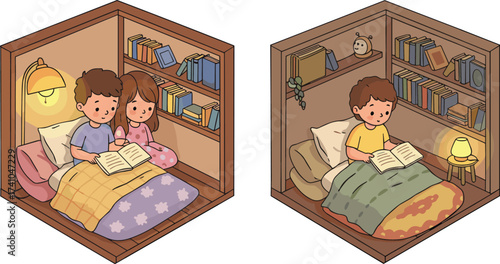 Children reading books in cozy bedrooms, bedtime routine, warm lighting, peaceful night, educational activity, sibling bonding, quiet time, learning, comfort