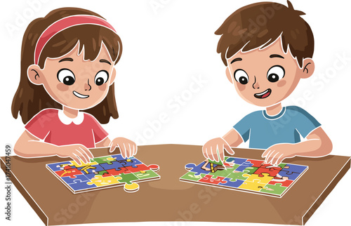 Children solving colorful jigsaw puzzles, educational playtime, teamwork and concentration, early learning activity, problem-solving skills, indoor fun, creative development, bonding