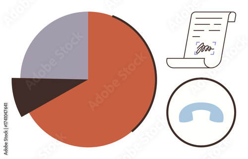 Pie chart displaying data breakdown, signed document with signature, and phone handset icon. Ideal for business, statistics, communication, analysis, agreements data processing presentation. Simple