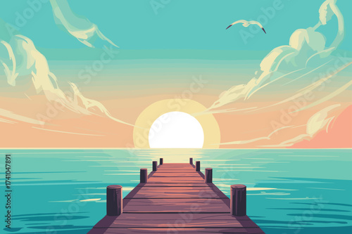 Wooden Pier at Sunset with Calm Ocean. Peaceful Sunrise Scene with Bird and Reflections.