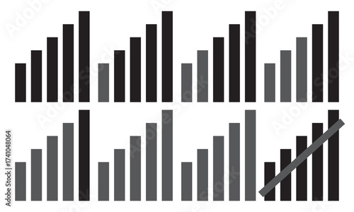 Mobile phone bar icons. No signal, Wi-fi level, bad, lte, 4g and 5g network status. Mobile phone connection level icons. Vector illustration.