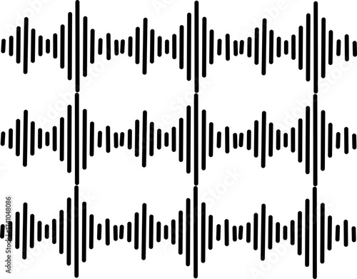 Abstract seamless pattern of black sound wave shapes on white background, symbolizing audio, music, or vibration. Ideal for modern design and digital art.

