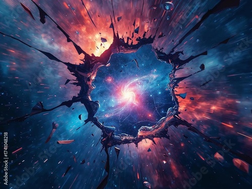 A dramatic cosmic explosion bursts through shattered space, creating a powerful sci-fi scene filled with energy and mystery.