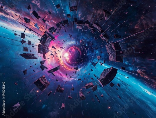 A dramatic cosmic explosion bursts through shattered space, creating a powerful sci-fi scene filled with energy and mystery.