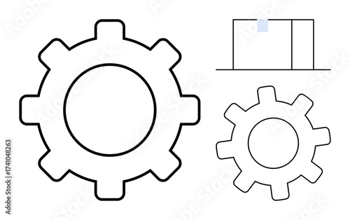 Two interlocking gears beside a minimalist cylindrical architecture diagram. Ideal for industrial process, engineering, innovation, production flow, automation, structure, optimization concepts