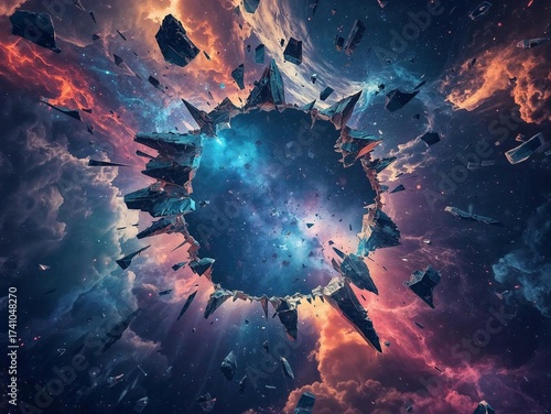 A dramatic cosmic explosion bursts through shattered space, creating a powerful sci-fi scene filled with energy and mystery.