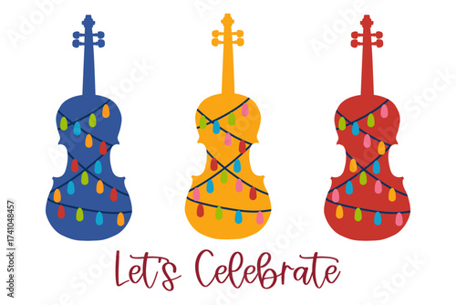 Colorful violin,viola,cello.Clipart flat design. Instrument orchestra string fiddle music isolate background.Design for happy holiday decorate,festival,new year, Christmas,party,celebration