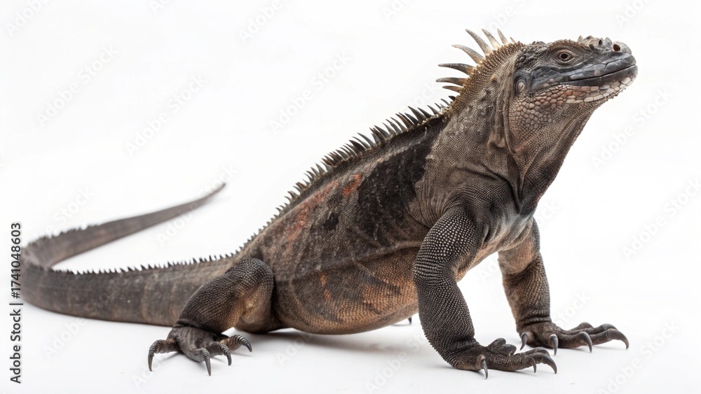Obraz premium Marine Iguana with dark scaly skin, robust body, and spiny dorsal crest, perched on a clean white studio background, realistic reptile portrait, sharp focus, professional lighting