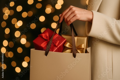 Woman holds shopping bag with gifts, festive bokeh background, holiday concept