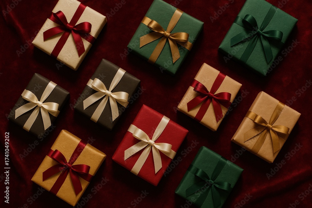 Fototapeta premium Gift boxes in festive colors with ribbons on velvet red background