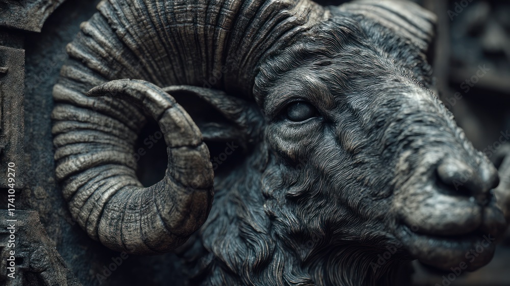 Fototapeta premium Detailed Stone Carving of a Ram's Head with Striking Horns and Expression