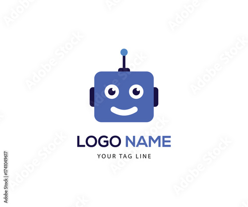 Cute blue robot face logo with text placeholder isolated on white background featuring friendly AI bot, cartoon character, digital automation, cybernetic tech, and simple design.