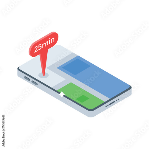 An isometric illustration of a smartphone displaying a digital map and delivery time