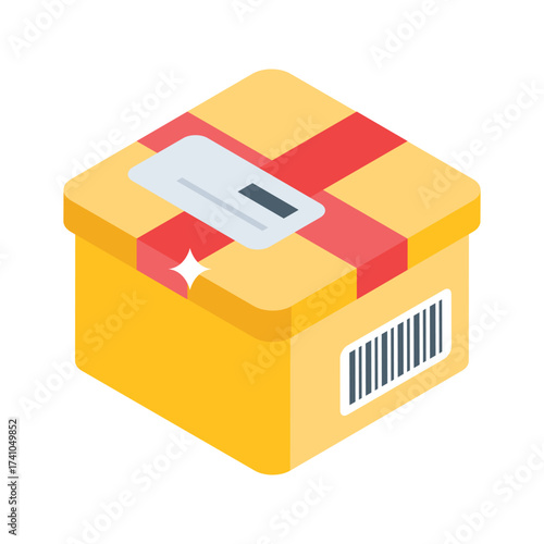 A vibrant isometric illustration of a cardboard box, premium vector