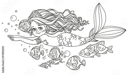 Beautiful little mermaid girl swim with fish outlined isolated on a white background