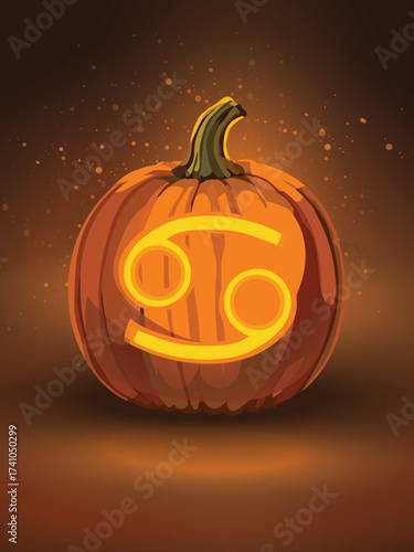 Moonlit Shell – Cancer Zodiac Pumpkin. A glowing jack-o'-lantern carved with the Cancer zodiac symbol, radiating warm golden-orange light against a dark, ember-speckled backdrop. 