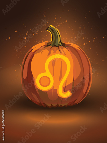 Solar Mane – Leo Zodiac Pumpkin Glow. A glowing jack-o'-lantern carved with the Leo zodiac symbol, radiating golden-orange light against a dark, ember-speckled backdrop.
