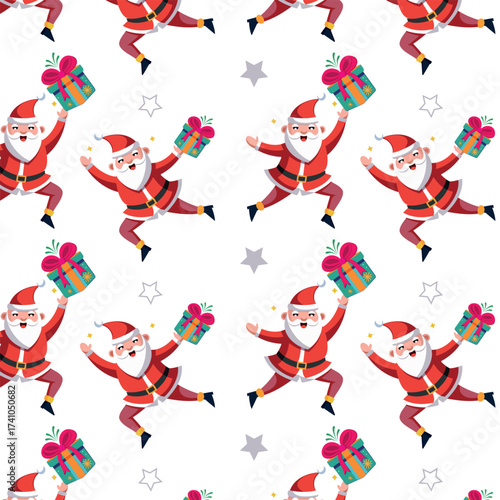 Christmas pattern with the image of Santa Claus with a gift, gift wrapping