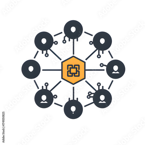 Decentralized network with central hexagonal node and circular participants